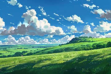 Beautiful Summer Landscape with Rolling Hills and Lush Green Grass Under a Blue Sky with Fluffy Clouds