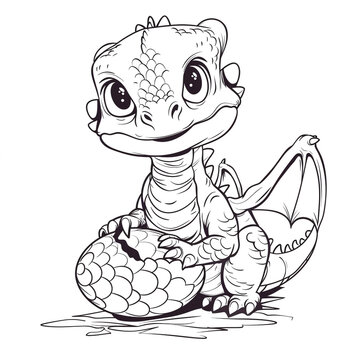 recommend clip art: Cartoon baby dragon hatching from an egg, outlined for coloring, on a white background.