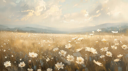 A serene oil painting of wildflowers in a rustic field © medalinebow