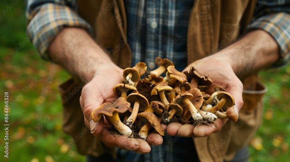 Poster A man holding a handful of wild edible mushrooms ready to be cooked and enjoyed as a snack.