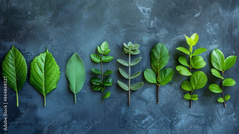 Poster a flat lay of various green leaves arranged horizontally on a blue surface.