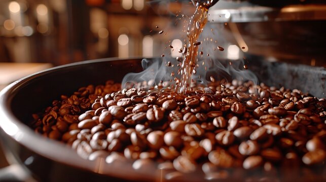 An enticing video for a gourmet coffee brand, capturing the journey from bean to cup, with close-ups of coffee beans being roasted, ground, and brewed, and ending with a steaming cup of coffee being