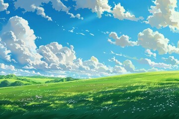 Obraz premium Peaceful green meadow with lush grass and white clouds in blue sky. Beautiful scenic nature landscape, digital painting.