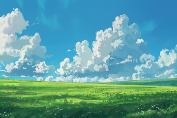 Green field with blue sky and white clouds, illustration