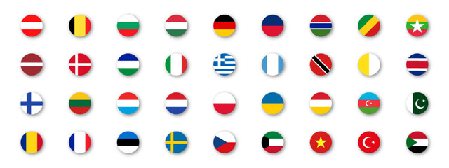 Flags of European countries. Flag vector icons on isolated background with realistic shadow. Vector set of European countries flags. Vector EPS 10