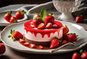 elegant dessert strawberry fine dining sweet dish presentation, gourmet, fancy, luxurious, delicious, culinary, art, food, beautiful, garnish, classy
