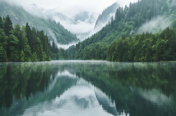 Fototapeta premium Serene mountain lake surrounded by lush green forest