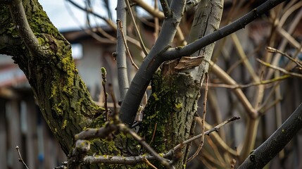 spring pruning of trees cut tree trunks mosscovered arbor trunks cut branches of shrubs mistletoe on branches sanitary pruning of trees trimming trees  pruning trees gray logs of wood : Generative AI