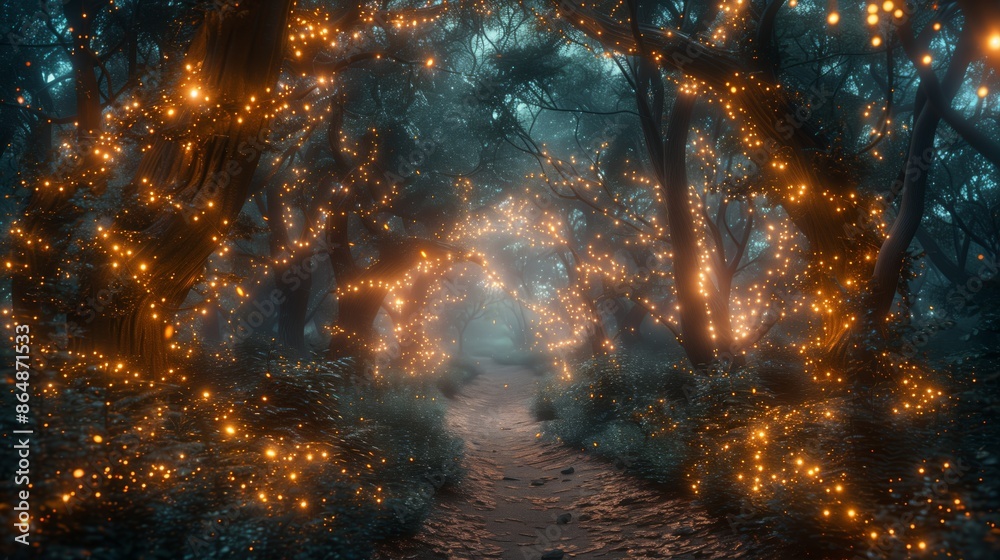 Poster a magical forest path illuminated by warm, glowing fairy lights. the path winds through the trees, d