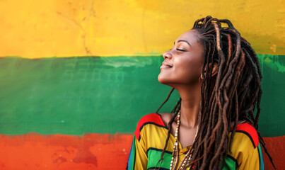 A reggae woman with dreadlocks is smiling and looking at the camera