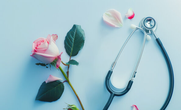 A rose is next to a stethoscope