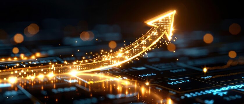Futuristic glowing arrow pointing upward on a digital interface, symbolizing growth, success, and advancement in technology.