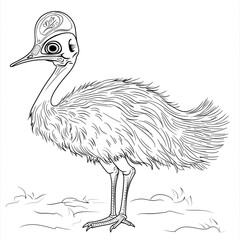 Cartoon cassowary, outlined for coloring, on a white background.