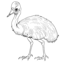 Cartoon cassowary, outlined for coloring, on a white background.