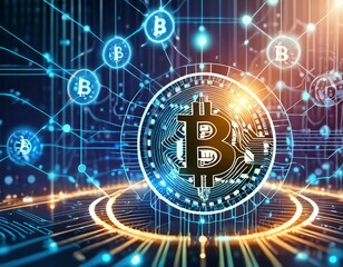 Naklejka premium Bitcoin cryptocurrency trading and investment concept, emphasizing financial technology (Fintech) and digital currency.