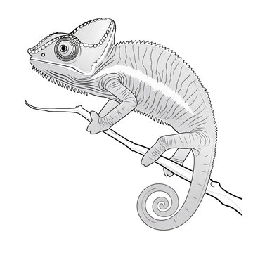 recommend clip art: Cartoon chameleon, outlined for coloring, on a white background.