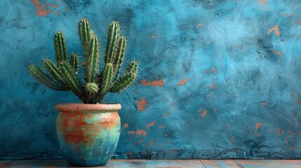 A green cactus plant in a terracotta pot stands against a blue textured wall with subtle orange accents.