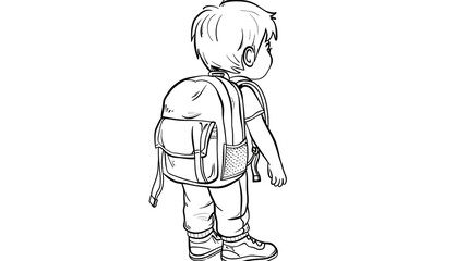 Cartoon child with a backpack, outlined for coloring, on a white background.