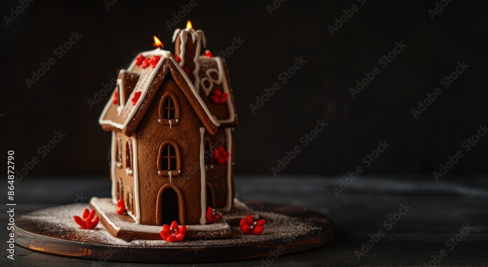 Wall mural Gingerbread house with lit candles on a dark background - Wall murals
