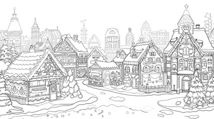 Cartoon Christmas bakery with gingerbread houses in the city, outlined for coloring, on a white background.
