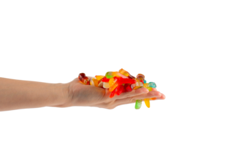 Hand and colorful Fruity Gummy Worm Candy on transparent background.