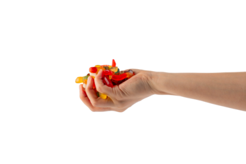 Hand and colorful Fruity Gummy Worm Candy on transparent background.