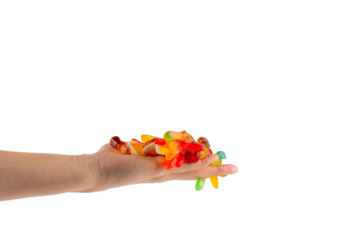 Hand and colorful Fruity Gummy Worm Candy on transparent background.
