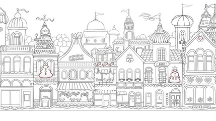 Obraz premium Cartoon Christmas bakery with gingerbread houses in the city, outlined for coloring, on a white background.