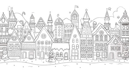 Cartoon Christmas bakery with gingerbread houses in the city, outlined for coloring, on a white background.