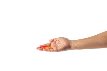 Hand and colorful Fruity Gummy Worm Candy on transparent background.