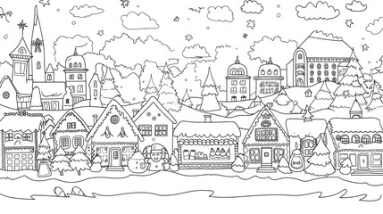 Obraz premium Cartoon Christmas bakery with gingerbread houses in the city, outlined for coloring, on a white background.