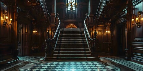 Elegant Gothic Victorian Mansion Hall with Dark and Ornate Staircase and Lamp Holders. Concept Victorian Mansion, Gothic Design, Elegance, Dark Aesthetic, Ornate Staircase