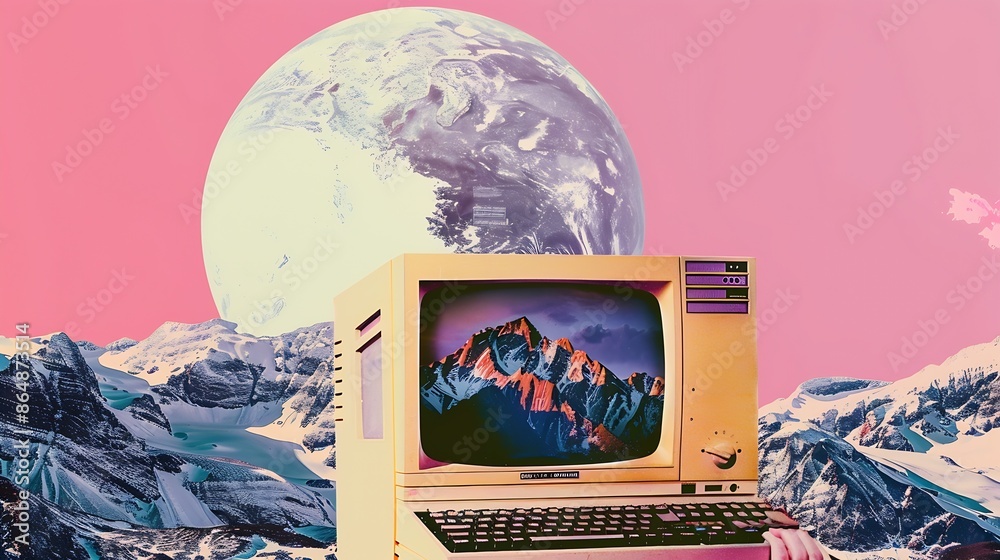 Poster contemporary art collage and modern design male gaze from the past retro computer isolated over yloo