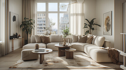 An elegant living room with contemporary furnishings, large windows with natural light, and sophisticated decor, creating a luxurious and comfortable space for living and entertaining.