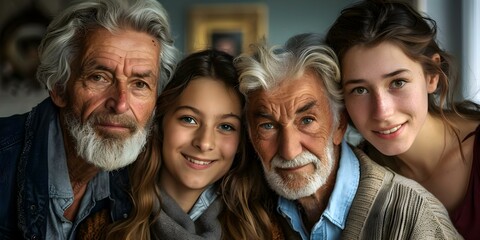 Younger generation views family tree portraits preserving generational memories and history. Concept Family Heritage, Generational Memories, Younger Perspectives, Preservation of History