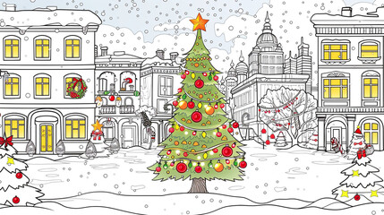 Cartoon Christmas city celebration with a decorated tree and lights, outlined for coloring, on a white background.