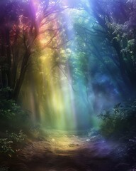 Enchanted forest with vibrant colors and mystical atmosphere