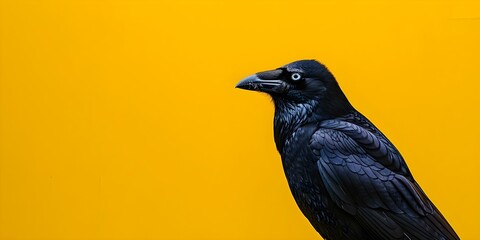 Obraz premium Portrait of a large black crow on a yellow background, facing left. Concept Outdoor Photoshoot, Colorful Props, Joyful Portraits, Wildlife Photography, Bird Portraits
