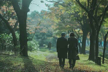 Photo of human walking in the park with a dog, working in the green meadow, Generative AI
