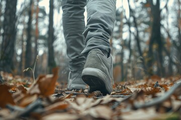 Photo of feet wearing sneakers are walking in, forest with friend, park , mountain, Generative AI