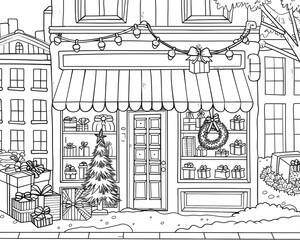 Cartoon Christmas gift shop in the city, outlined for coloring, on a white background.