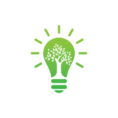 Green light bulb and plant leaves, Bulb light with a tree inside. Vector illustration bulb logo, a tree with bulb logo.