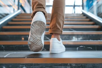 Photo of the feet of a woman and man wearing sneakers are walking up the office stairs, Generative AI