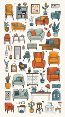 Doodle home furniture icons collection in vector Handdrawn home furniture icons on a clean white background, pastel colors