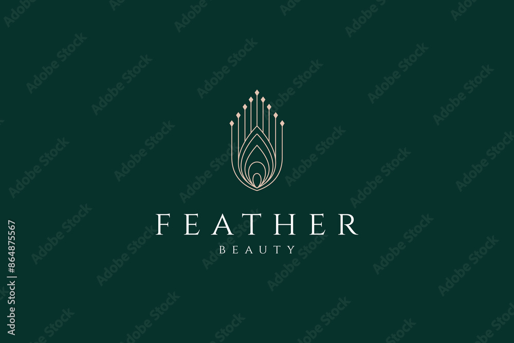 Wall mural peacock feather logo with gold luxury line art design style