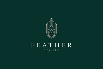 Peacock feather logo with gold luxury line art design style