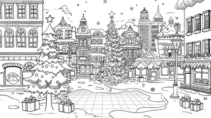 Obraz premium Cartoon Christmas street festival in the city, outlined for coloring, on a white background.