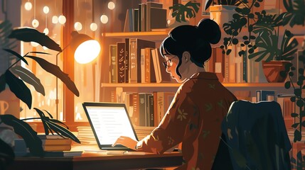 A cozy home office setup with a person in a virtual meeting on a laptop, surrounded by books, plants, and warm lighting, highlighting productivity