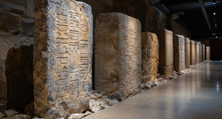ancient egyptian hieroglyphic stone tablets in museum display