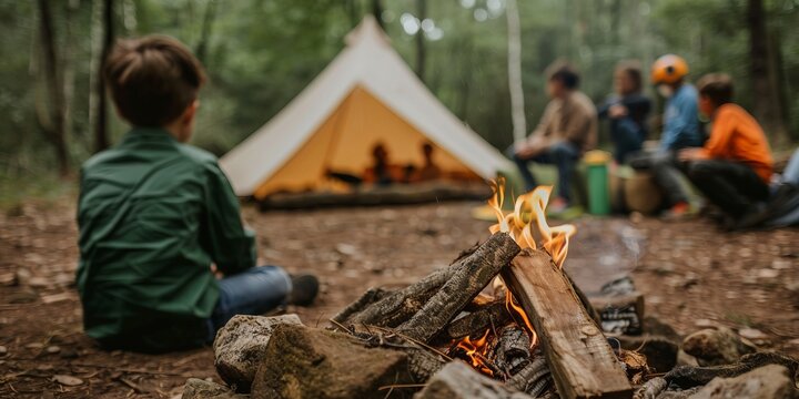 Group of people enjoying a campsite with a campfire and tent in a forest, focusing on a child observing the flames in the foreground.